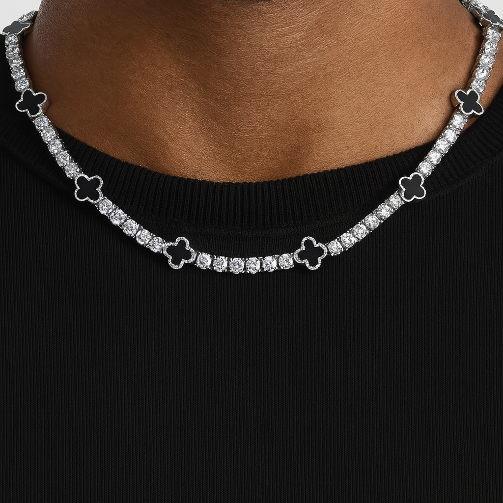MOISSANITE BLACK CLOVER TENNIS NECKLACE - WHITE GOLD