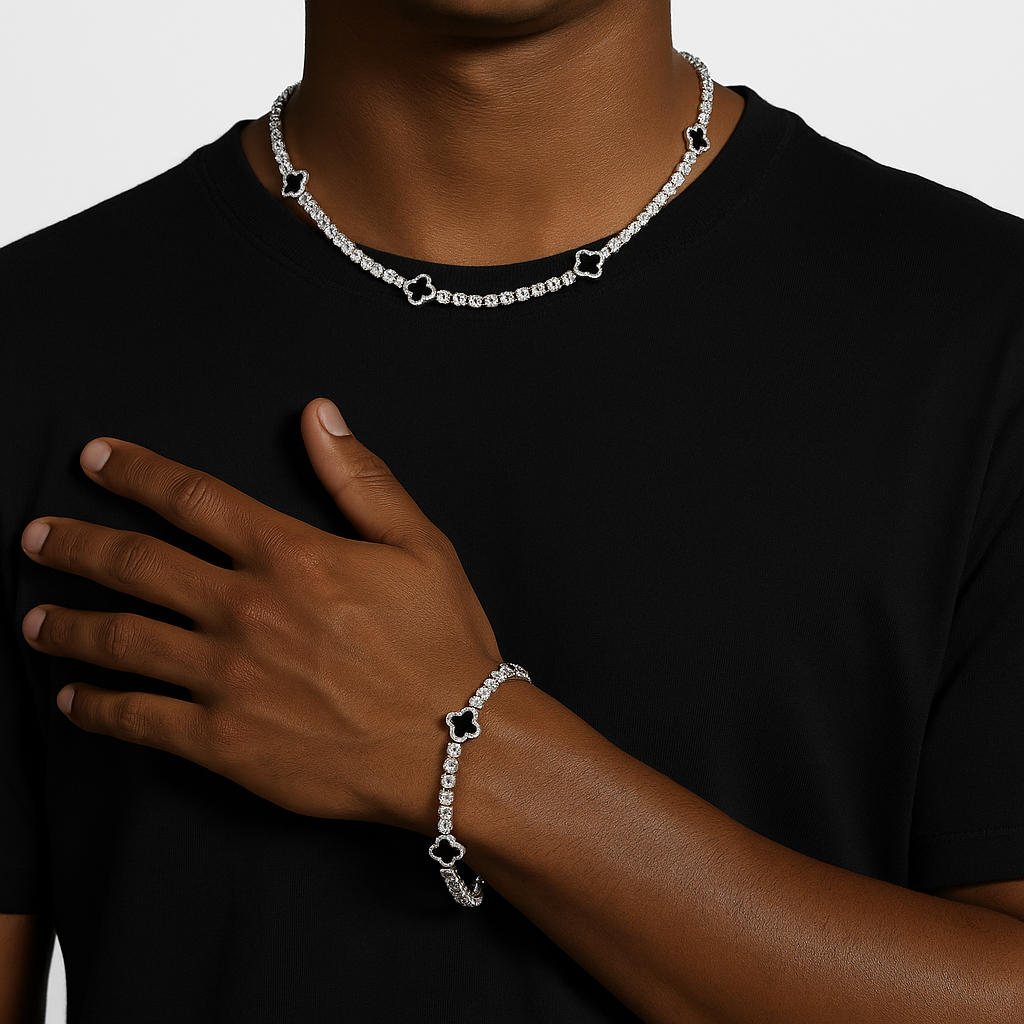 MOISSANITE BLACK CLOVER TENNIS NECKLACE - WHITE GOLD