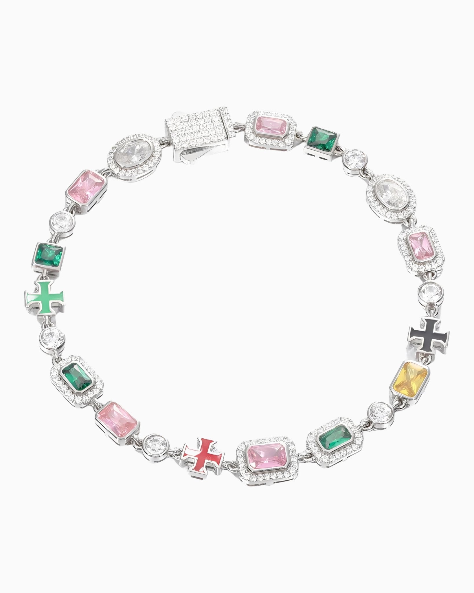MOISSANITE CROSS & GEMSTONES BRACELET - WHITE GOLD